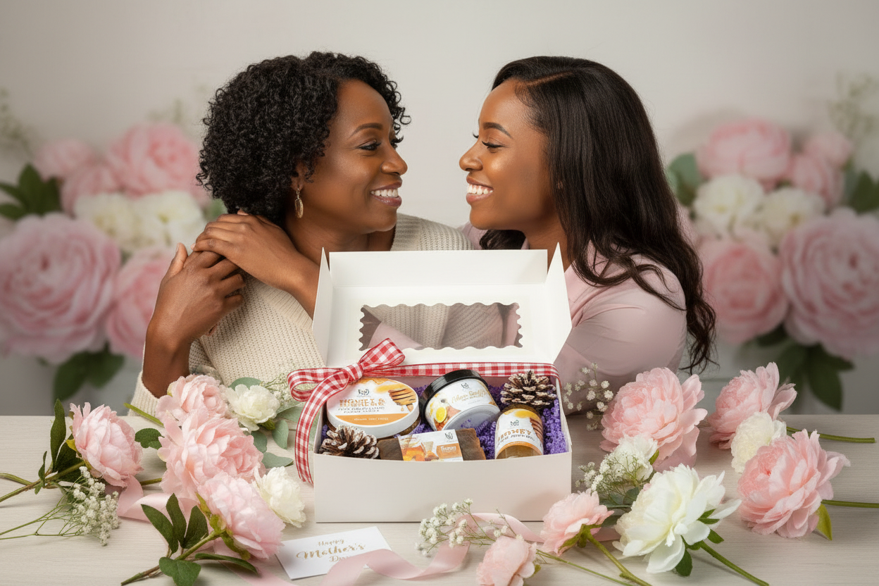 Two women sitting together with a De Jeunesse gift set for mothers day. the set contains honey and turmeric soap, honey and turmeric scrub and a body butter and a honey body oil